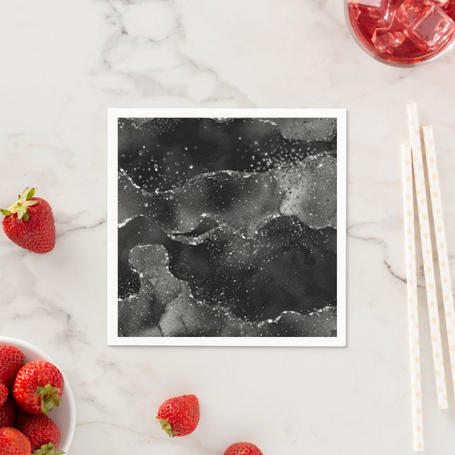 Moody Agate | Onyx Black Silver Vampy Goth Glitter Napkin (Insitu)