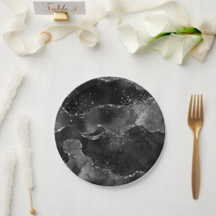 Moody Agate Onyx Black Silver Vampy Goth Glitter Paper Plate