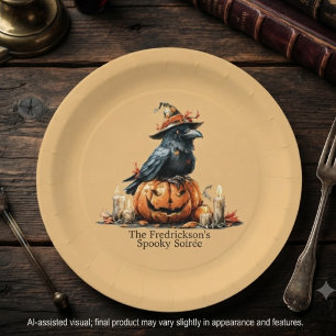Moody Amber Vintage Witch Raven Pumpkin Paper Plate
