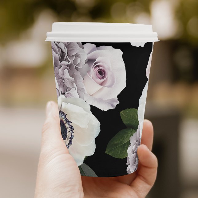 Moody Anemone & Purple Floral Black Bridal Shower Paper Cups (Creator Uploaded)