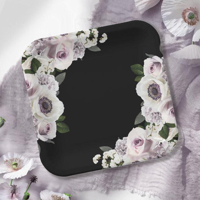 Moody Anemone & Purple Floral Black Bridal Shower Paper Plate (Creator Uploaded)