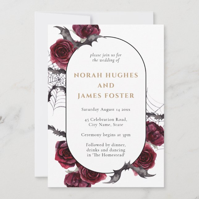 Moody Arch Floral Burgundy Black Halloween Wedding Invitation (Front)