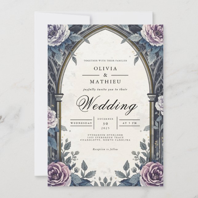 Moody Arch Floral Romance Wedding Invitation (Front)