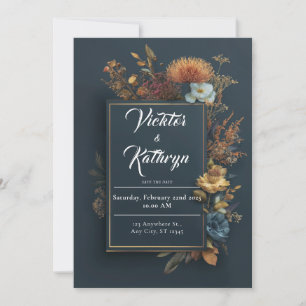 Moody Autumn Deep Blue Gold Floral Wedding Invitation