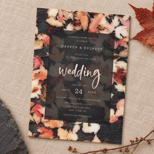 Moody Autumn Leaves Rustic Dark Wood Wedding Invitation