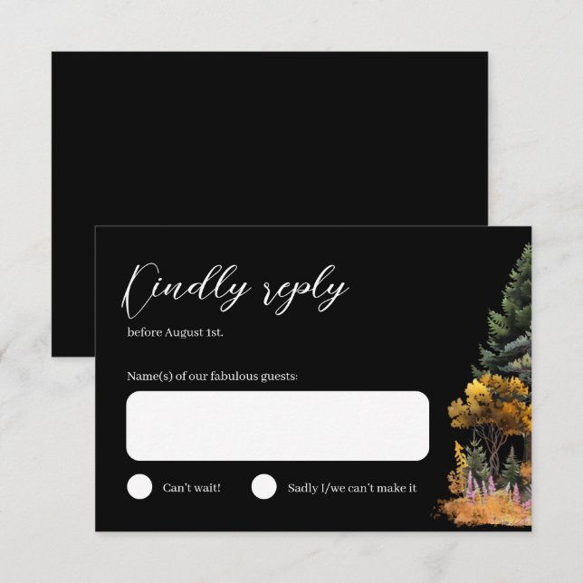 Moody Autumn Watercolor Forest Wedding RSVP card (Front/Back)