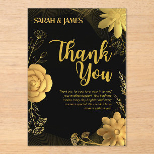 Moody black and gold floral wedding thank you card acrylic invitations