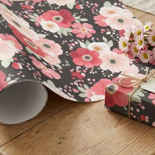Moody Black and Pink Anemone Floral Wrapping Paper
