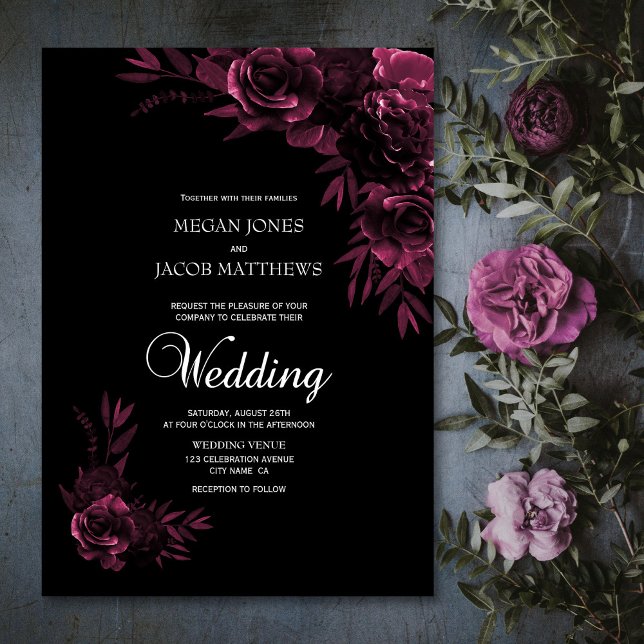 Moody Black and Pink Floral Wedding Invitation (Creator Uploaded)