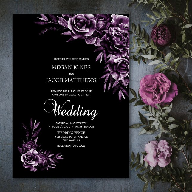 Moody Black and Purple Floral Wedding Invitation (Creator Uploaded)