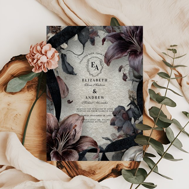 Moody Black and White Floral Wedding Design Invitation (Creator Uploaded)