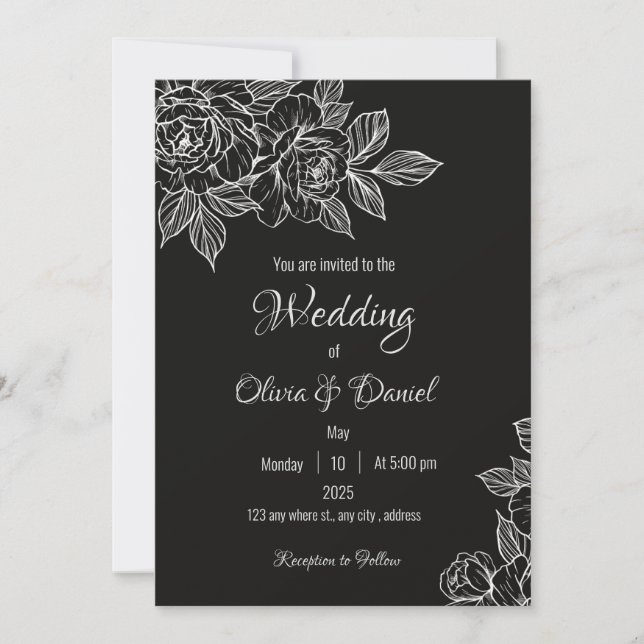 Moody Black and White Peony Sketch Wedding Invite (Front)