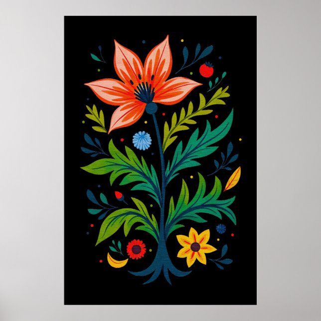 Moody Black Boho Floral Tree Folk Art Poster (Front)