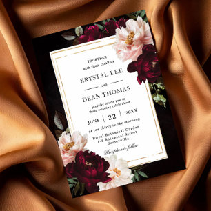 Moody Black Burgundy Blush Floral Peonies Wedding Invitation