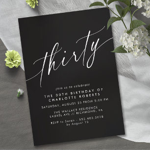 Moody Black   Elegant Script Modern 30th Birthday Invitation