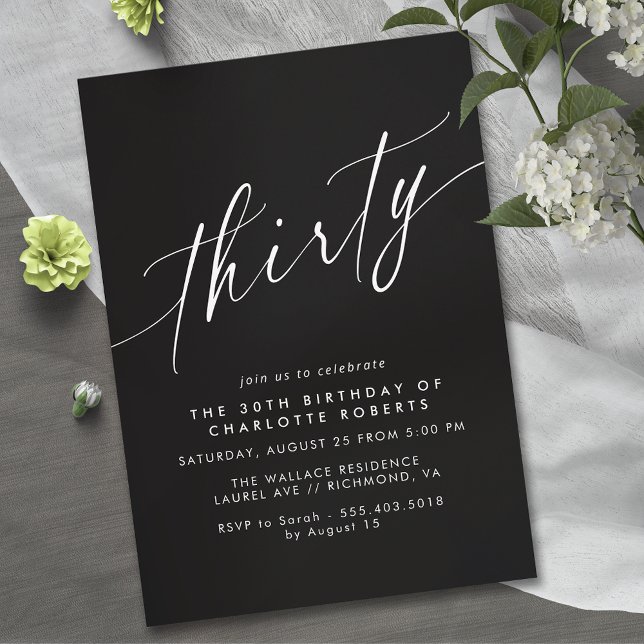 Moody Black | Elegant Script Modern 30th Birthday Invitation (Creator Uploaded)