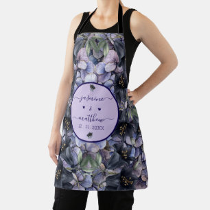 Moody Black Floral Classic Couple Names Wedding Apron