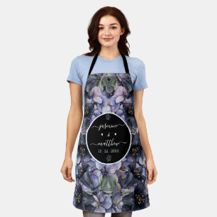 Moody Black Floral Classic Couple Names Wedding Apron