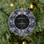 Moody Black Floral Classic Couple Names Wedding Ceramic Tree Decoration<br><div class="desc">A bold and sophisticated Wedding Ornament featuring dramatic dusty blue and grey floral illustrations against a stark black background. The crisp white typography and classic layout set an elegant,  moody tone. Perfect for a formal evening or a sophisticated wedding.</div>