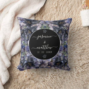 Moody Black Floral Classic Couple Names Wedding Cushion