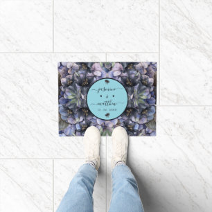Moody Black Floral Classic Couple Names Wedding Doormat