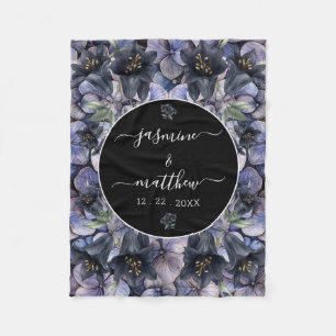 Moody Black Floral Classic Couple Names Wedding Fleece Blanket