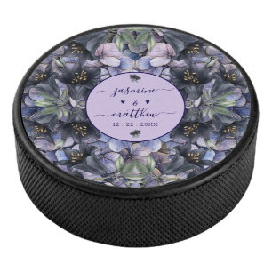 Moody Black Floral Classic Couple Names Wedding Hockey Puck
