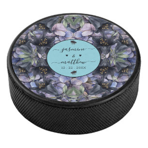Moody Black Floral Classic Couple Names Wedding Hockey Puck