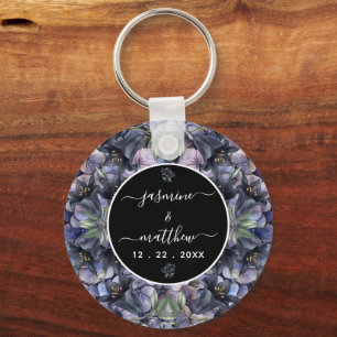 Moody Black Floral Classic Couple Names Wedding Key Ring