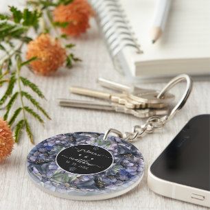 Moody Black Floral Classic Couple Names Wedding Key Ring