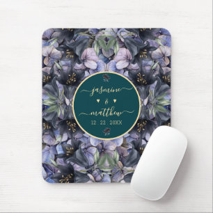 Moody Black Floral Classic Couple Names Wedding Mouse Pad