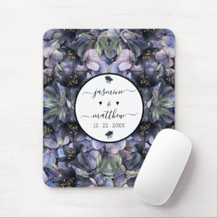 Moody Black Floral Classic Couple Names Wedding Mouse Pad