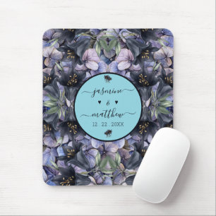 Moody Black Floral Classic Couple Names Wedding Mouse Pad