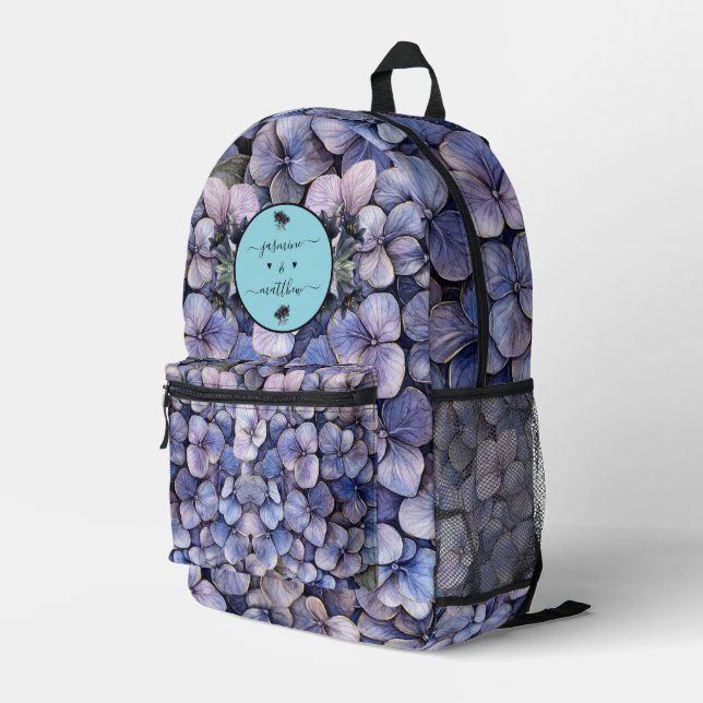 Moody Black Floral Classic Couple Names Wedding Printed Backpack (Back Corner Right)