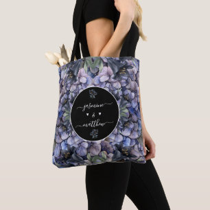 Moody Black Floral Classic Couple Names Wedding Tote Bag