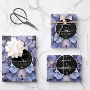 Moody Black Floral Classic Couple Names Wedding Wrapping Paper Sheet