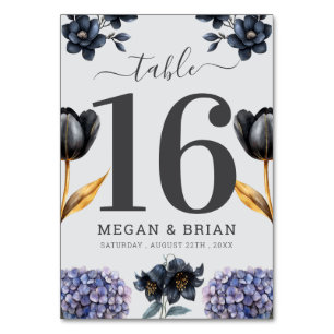 Moody Black Floral Classic Script Floral Wedding Table Number