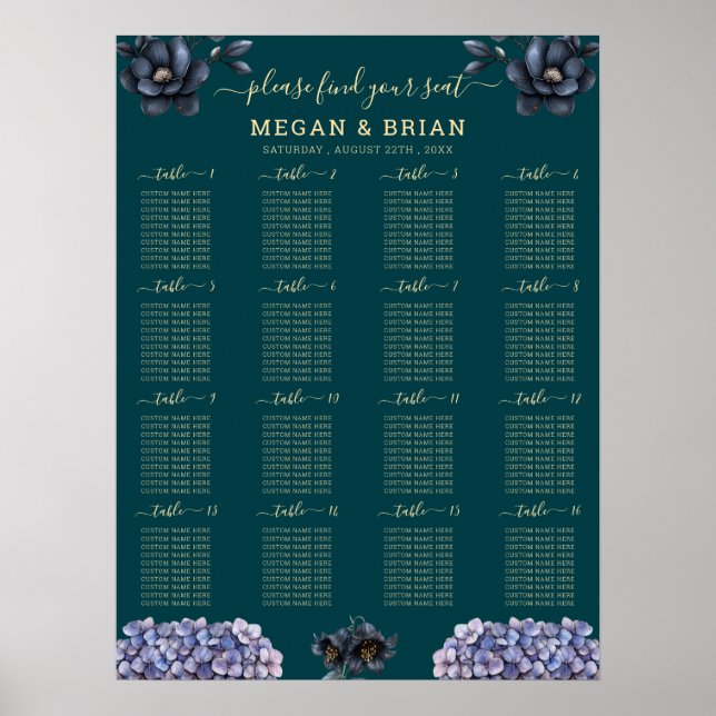 Moody Black Floral Classic Wedding Seating Chart (Front)