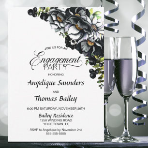 Moody Black Floral Engagement Party Invitation