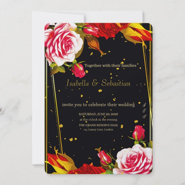Moody Black Floral & Gold Wedding Invitation (Front)