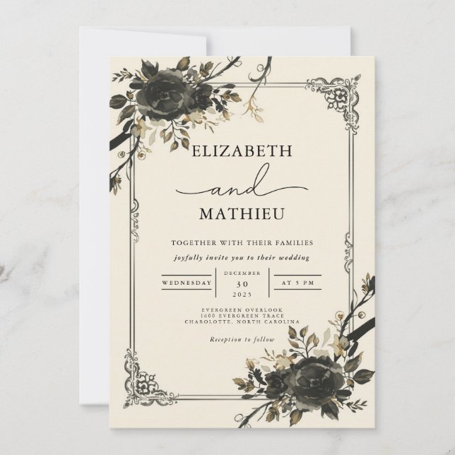 Moody Black Floral Gothic Botanical Wedding Invitation (Front)