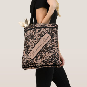 Moody Black Floral on Beige Personalised Tote Bag