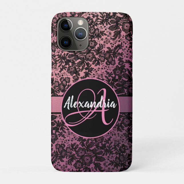 Moody Black Floral on Pink Monogram    Case-Mate iPhone Case (Back)