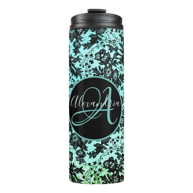 Moody Black Floral on Pink Monogram   Thermal Tumbler (Front)