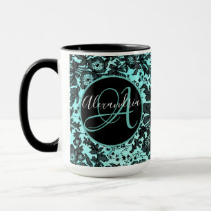 Moody Black Floral on Turquoise Monogram Mug