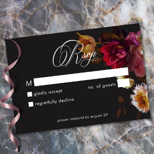 Moody Black Floral Painterly Red Burgundy Wedding RSVP Card