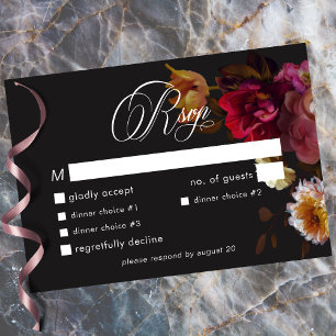 Moody Black Floral Painterly Red Burgundy Wedding RSVP Card