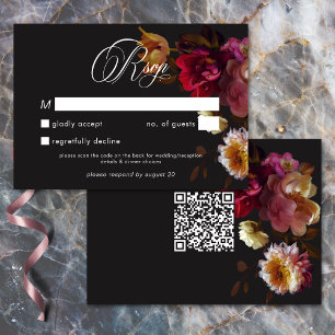 Moody Black Floral Painterly Red Burgundy Wedding RSVP Card