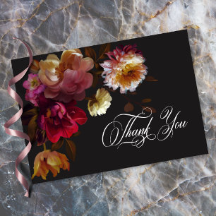 Moody Black Floral Painterly Red Burgundy Wedding Thank You Card
