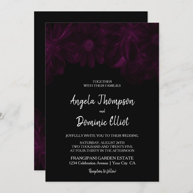 Moody Black Floral Wedding  Invitation (Front/Back)